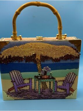 Vintage Braciano Beaded  Sequins Cigar Box Purse Beach Scene Dominican Handbag